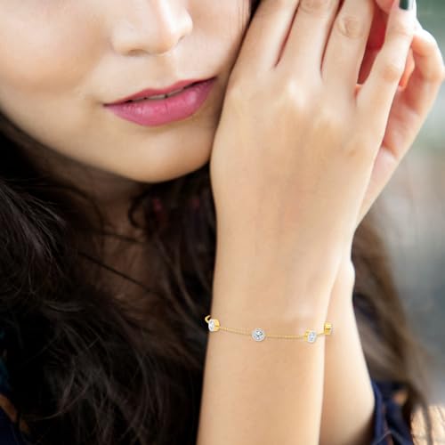 Image of 925 Sterling Silver Adjustable Bracelet for Women | Radiant Solitaire, Evil Eye & Charm Design | Elegant Stylish Fine Jewellery Gift for Girls & Ladies