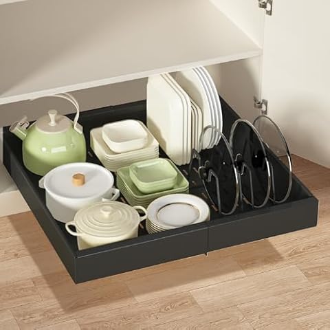 1 Pack Pull out Cabinet Organizer 16.9"Deep, Expandable Slide out Drawers for Kitchen Cabinets with 2pcs Divider Racks, Peel and Stick Pull out Drawers, Cabinet Roll out Shelves 12.4"-20.47" W (Black) Cover