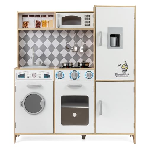 COSTWAY Cocina de Juguete para Niños, Cocinita de Madera Infantil, Cocinita Infantil con Luz y Sonido, Máquina de Hielo, Estufa, Lavadora, Horno, Microondas (Natural)