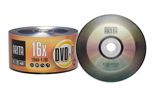 50 Pack Arita DVD-R 16X 4.7GB/120Min Branded Logo Top Write Once Blank Media Record Disc