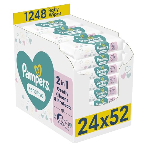 Pampers Sensitive Baby Wipes 24 Packs of 52 Wipes = 1248 Baby Wet Wipes 2 in 1 Gently Cleans & Protects 0% Plastic in Wipes