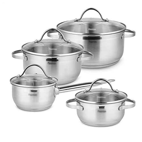 DYHWAC 4 ollas y sartenes Conjunto de 8 Piezas de Acero Inoxidable con Borde Laminado Tapa de Vidrio Recta Utensilios de Cocina Conjunto de Cocina