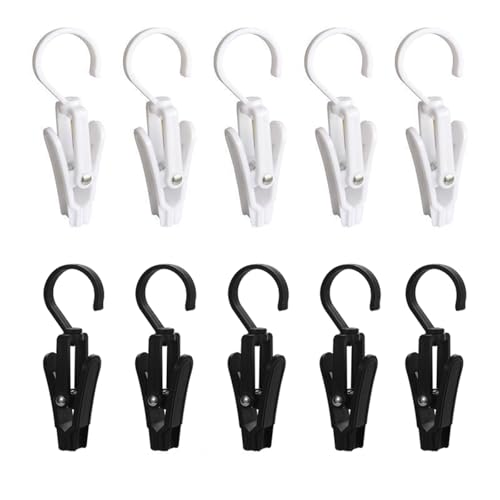 10 Pack Laundry Clips, with Rotating Hooks,Strong Plastic Towel Clips for Kitchen Quilt Hanger Clothes Pins for Hangers Home Use Black and White Ideal for Beach Towels Pants Socks and More