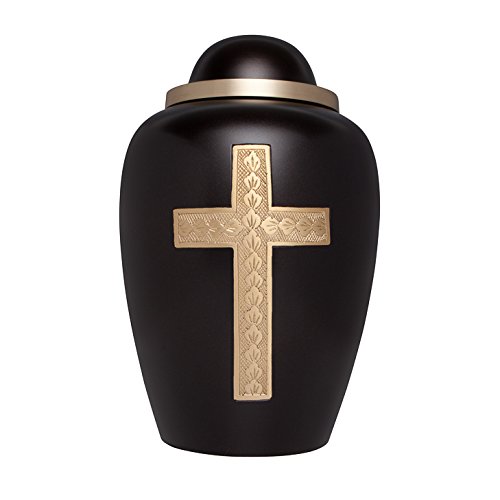 Brown Funeral Urn with Gold Cross - Cremation Urn for Human Ashes - Hand Made in Brass - Suitable for Cemetery Burial or Niche - Large Size fits Remains of Adults up to 200 lbs - Parana Model