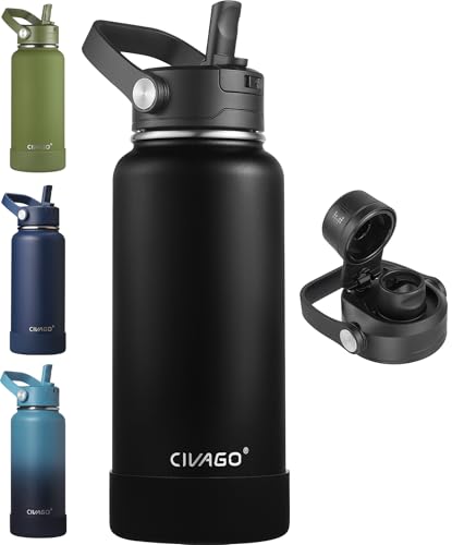 CIVAGO 32 oz Insulated Stainless Steel Water Bottle with Detachable Straw Large Metal Water Jug with Bucket Handle Leakproof Sports Water Flask with Silicone Boot for Travel Dishwasher Safe Black