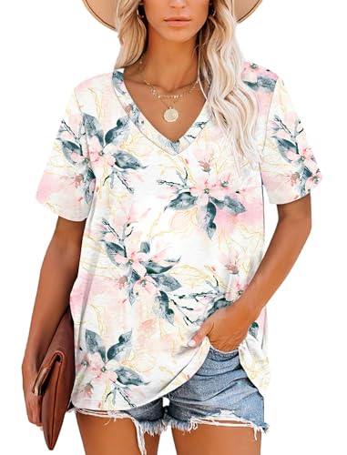 MOLERANI Tops de Verano para Mujer Camisas de Manga Corta con Cuello en V para Mujer (Floral Blanco Rosa, M)
