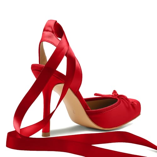 Image of Riekhany Satin Ballet Heels for Women Closed Square Toe Bow Ballerina Heels Lace Up High Heel Slingback Pumps Strappy Stiletto Mary Janes Elegant Party Shoes
