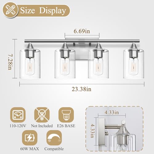 Image of 4-Light Bathroom Light Fixtures,Brushed Nickel Vanity Lighting Fixtures,Modern Wall Lighting Sconces for Mirror Bedroom Living Room Vanity Table Hallway