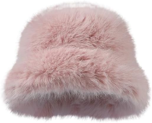 Imitation Rabbit Fur hat Women's Autumn and Winter Plush Bucket hat Solid Color Warm and Cold-Proof Fashion Basin hat (Pink)