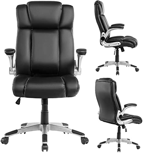 Kcream Executive Office Chair Pu Leather With Flip-Up Arms, Desk Chair Swivel Task Chair With Lumbar Support, Adjustable Height/Tilt, 360-Degree Swivel, 300Lb Weight Capacity #TOP4