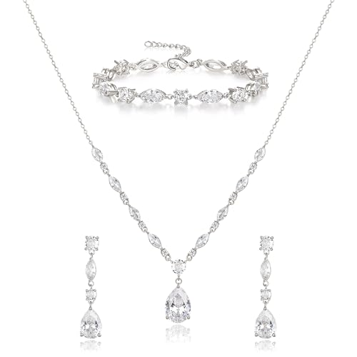 EVER FAITH Teardrop Cubic Zirconia Bridal Jewelry Sets for Bride, Sparkly CZ Elegant Pendant Necklace Dangle Earrings Bracelet Set for Women