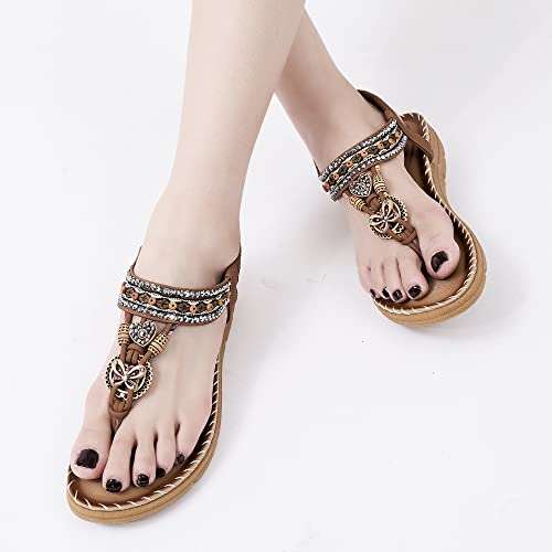 Aomigoct Sandals Women Flat Shoes: Dressy Summer Bohemian Flats Shoes for Women Sandals Comfortable Ankle Strap Outdoor Walking, Black, 7.5