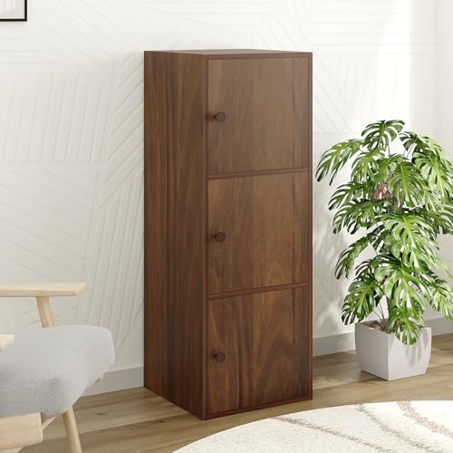 Image of BLUEWUD Calcio 3-Tier Storage Unit Filing Cabinet Rack Organizer Wardrobe Almirah Cupboard for Clothes with 3 Closed Shelves for Bedroom Kitchen Living Room Home, DIY (Brown Maple)(37 x 36 x 102) CM
