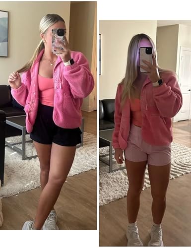 Vimyig Leichte Cropped-Fleece-Jacke für Damen, Winter, warme Sherpa-Jacke, Mantel, Oberbekleidung mit Taschen, Pink, S