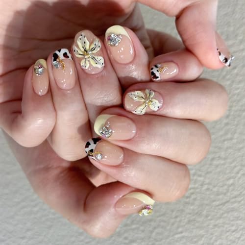 Image of Secret Lives 3D Flower Artificial False Nails - Short Round Press-On Nails with Floral Nail Art Reusable & Stylish 24-Pieces Set with Kit
