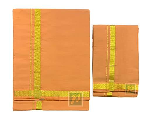 Image of PRAKASAM COTTON Mens Colour Jari Cotton dhoti and Angavastram Set (1.30X2.00 Meter Dhoti, 36X1.80 towel)