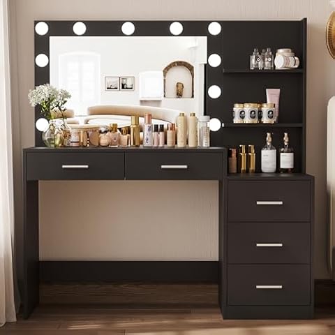 Rovaurx 46.7" Makeup Vanity Table with Lighted Mirror, Large Vanity Desk with Storage Shelf & 5 Drawers, Bedroom Dressing Table, 11 LED Lights, Black Cover