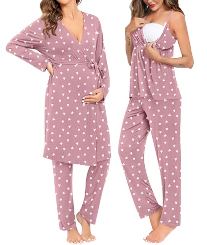Image of SWOMOG Maternity Nursing Robe Set 3 Piece Breastfeeding Pajamas 3 in 1 Labor Delivery Sleevless Tops&Long Pants Pregnancy Pjs
