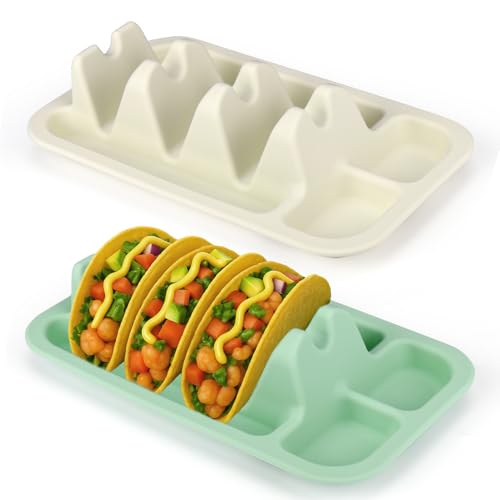 Palksky Silicone Taco Holders Set of 2, Reusable Taco Shell Holder with Dividers, Taco Plates for Hard Soft Tacos, Dishwasher and Microwave Safe Taco Stand for Family Dinner,Party (2 PACKS SQUARE)