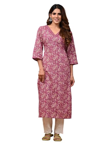 Image of Rimeline Women's Cotton Printed Kurta with Embroidered V-Neck Detail | Straight Fit Ethnic Wear for Casual, Office & Daily Use