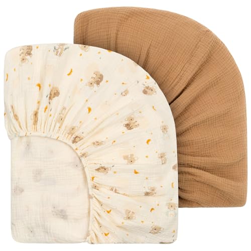 Image of Yukkidds Muslin Crib Sheets for Boys Girls 100% Cotton Neutral Boho Baby Sheet 2 Pack Fitted for 52" x 28" Standard Crib & Toddler Mattress Soft Breathable Brown
