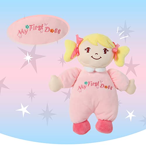 Linzy Plush Soft Plush Baby Doll Blond Hair My First Doll Safe for All Ages Mi Primera Muñeca Stuffed Plush Doll 10\'\'