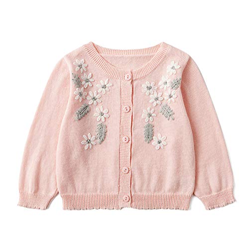 Simplee kids Baby Girls Hand Embroidery Sweater Cardigan Cotton Flower Pattern Sweet Cardigan for Fall Baby Girls 3-6 Months
