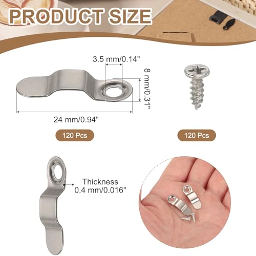 Image of uxcell 120pcs Picture Frame Backing Clips, 0.94 inch Photo Frame Turn Buttons Fastener Hardware Corner Clip with 120pcs Screw for Hanging Pictures Craft Drawings, Bow Shaped Silver