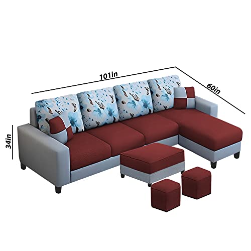 Image of Orland 8 Seater RHS L Shape Sofa with Center Table & 2 Puffy | Color - (Maroon Grey Fabric)