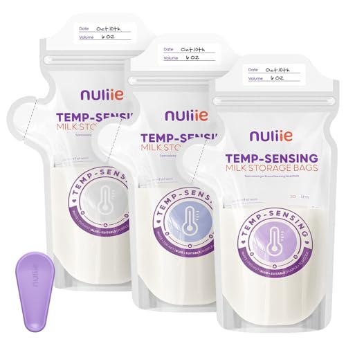 Nuliie Lot de 150 sacs de stockage de lait maternel à détection de température avec pince de verrouillage, sacs de stockage de lait maternel de 170,1 g avec bec verseur, sacs de stockage de lait