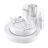 supernal 200pcs Plastic Silver Dinnerware Sets,Silver Plastic Plates and Silverware Heavy Duty,12oz Cups Disposable,Napkins Disposable,Service for 25 Guests Suit for Party,Wedding,Birthday
