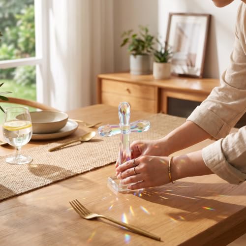 Image of YWHL Iridescent Crystal Standing Cross Decor, Handmade Glass Holy Cross