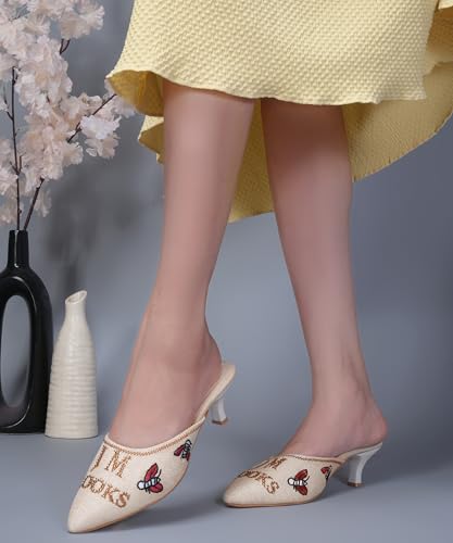 Image of JM LOOKS Pointed Toe Kitten Heel Mules Featuring Exquisite Bee Embroidery and Shimmering Textured Fabric Finish