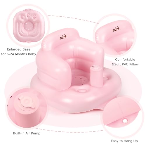 Image of Mink Inflatable Baby Seat for Babies 3 Months & Up, Blow Up Floor Baby Chair with Back Support, Fence & Built-in Air Pump, Sit Me Up Inflatable Chair for Sit Training, Feeding, Travel (Pink)