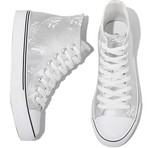 kufeiti High Top Sneakers for Women Canvas Lace Up Tennis Shoes Women's Fashion Cute Comfortable Casual Walking Shoes(Silver,US9)