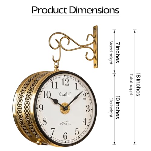 Image of CRAFTEL Double Sided Station Wall Clock Multi-Layer Electroplated | Both Side Numerals | Brass Body Aluminum Matte-Finish Dial | Dial - 10 Inches, Shiny Gold | 365 Days Warranty
