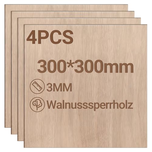 Jiubiaz Plywood Sheet 3 mm 300 x 300 mm Pack of 4 Walnut Wood Panel Cut to Craft Wood for Model Making Laser Cutting Laser Engraving Wood Burning Painting DIY Oil Painting