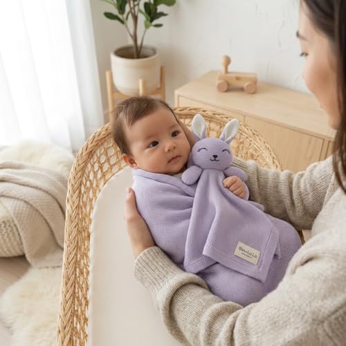Image of Baby Gift Set - Organic Cotton Newborn Blanket and Lovey Security Blanket Set, Baby Gift, Baby Registry Search Gift Registry by Name, Basket (Lovey - Bunny - Lavender)