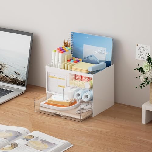 Image of UCRAVO Aesthetic Desk Organizer and Storage with 3 Clear Drawers|Pastel Green Multi-Functional Pencil Pen Holder|Large Capacity Desktop Organizer for Office,Home,Study Table & Art Supplies,Plastic