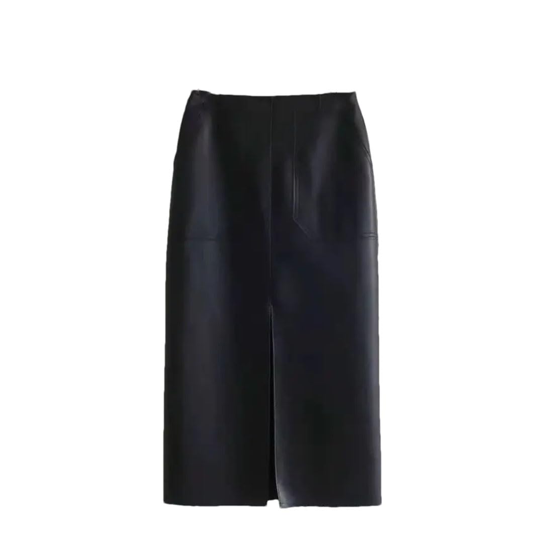 Alloaone Falda Midi De Cuero De PU para Mujer Bolsillo De Cintura Alta con Pliegue Informal Largo Dividido