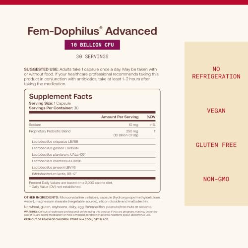 Image of Jarrow Formulas Fem-Dophilus Advanced Vaginal & Digestive Probiotics 10 Billion CFU with 6 Science Backed Strains, for Vaginal, Urinary Tract, Digestive & Immune Support, 30 Capsules, Shelf-Stable