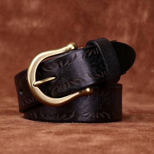 Thicken Full Grain Leather Embossed Belt Hand Made Strap with Heavy Duty Solid Brass Round Buckle Packed in Gift Box3