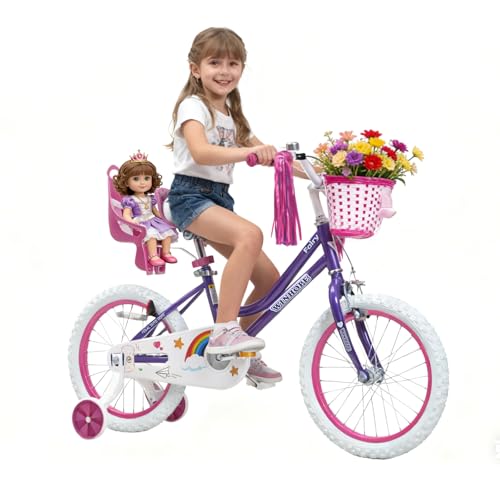 Image of WinHope Girls Bike, 12-18 Inch Children's Bicycle for 2-9 Years Old, Beginner Kids Bike with Training Wheels, Doll Seat & Basket,Streamers for Outdoor Riding, Multiple Colors