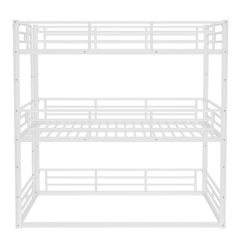 Image of Full Over Full Over Full Bunk Bed with Safety Guardrails, Modern Metal Triple Bed Frame for Kids, No Box Spring Required, White