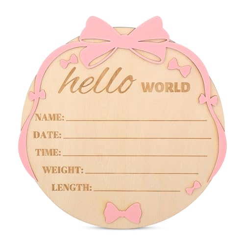 Image of Hello World Newborn Sign Pink Bow, 7.1 Inch Wooden Baby Birth Announcement Sign for Girls Baby Welcome to The World Board for Photo Prop Nursery Hospital Decorations