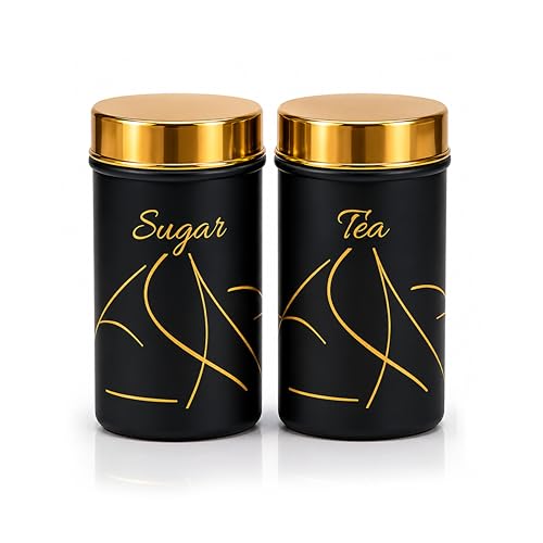 Image of Classic Steels Premium Long Tea & Sugar Canister Set (850ml) (Black) | Airtight Kitchen Canisters Stainless Steel Storage Jars with Gold Lid & Label | Matte Finish Kitchen Storage Container Set