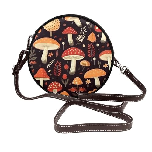 Sac à bandoulière rond Mushrooms en cuir végétalien imprimé feuilles d'automne