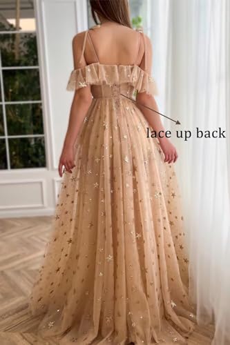 Eightale Tulle Cold Shoulder Long Sparkly Prom Dress Starry Ruffle Hem Slit Formal Party Dress2