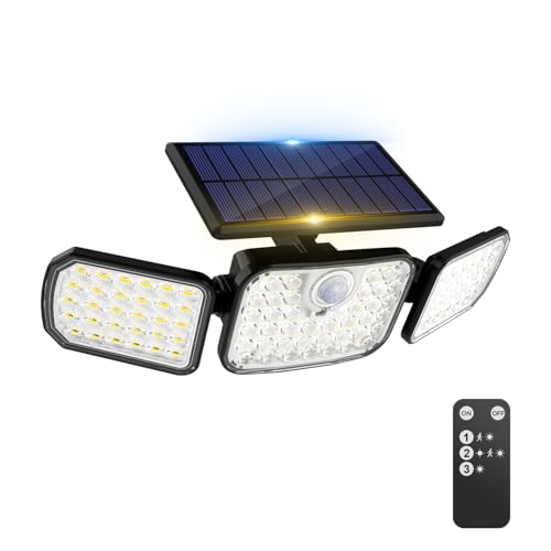 Peasur Solar Security Lights Outdoor Motion Sensor, 3 Modes Solar Powered Flood Light with Remote Control 3 Adjustable Heads, IP65 Waterproof Wall Mount Wireless for Yard Garage Patio Porch