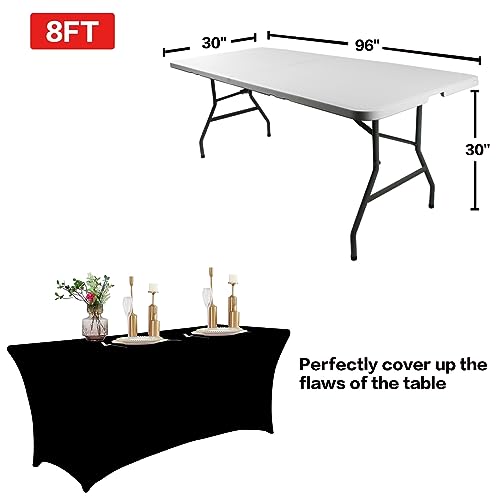 Image of IVAPUPU 2 Pack 8FT Table Cloth for Rectangular Fitted Events Stretch Black Table Covers Washable Spandex Tablecloth Protector for Party, Wedding, Cocktail, Banquet, Festival
